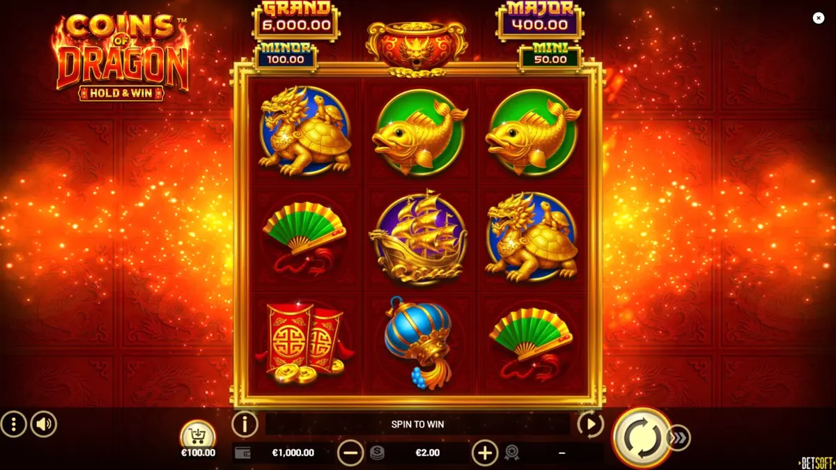 Tampilan visual slot Coins of Dragon dengan latar belakang naga dan koin emas