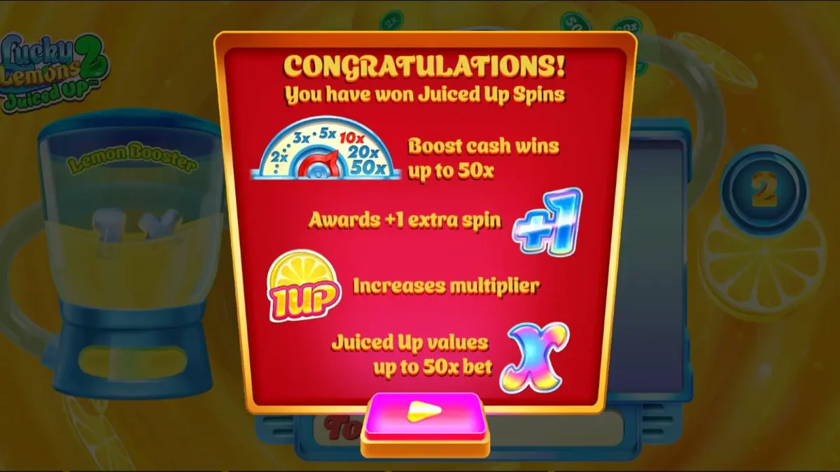 Lucky Lemons 2 Juiced Up slot game interface with vibrant citrus theme